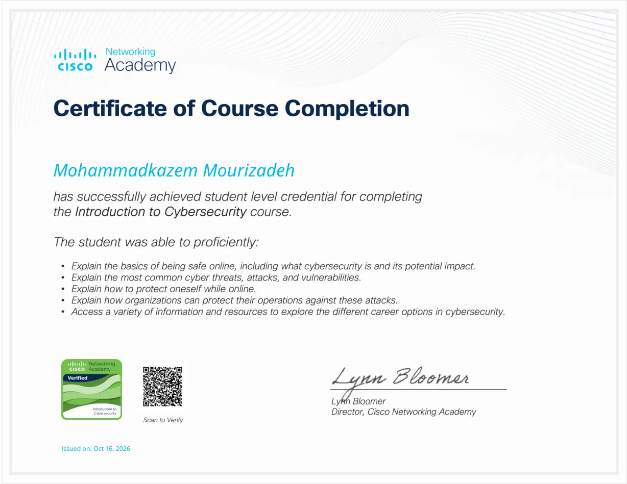 Cisco Networking Academy certificate: Cybersecurity