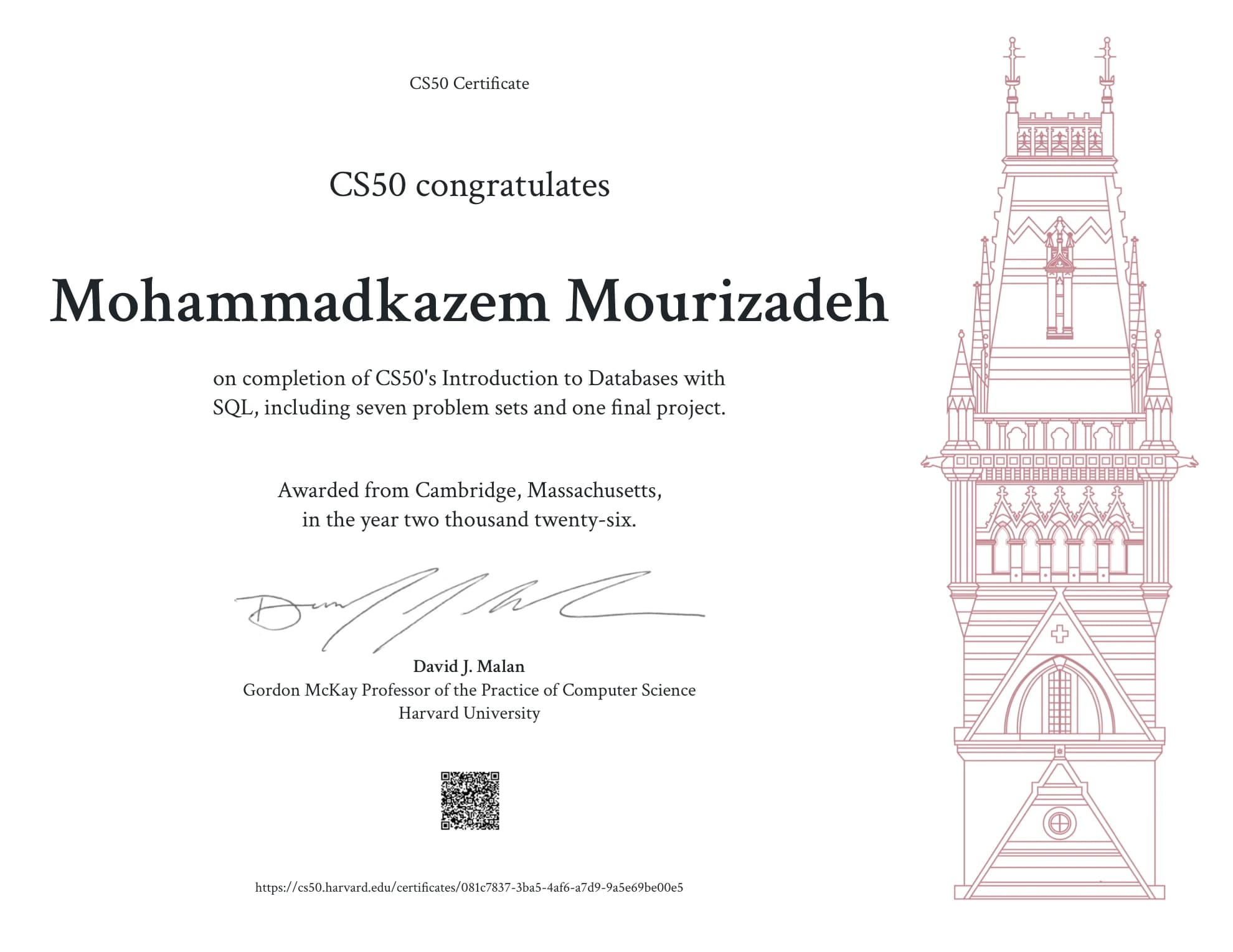 Harvard University · CS50 certificate: Databases & SQL (CS50)